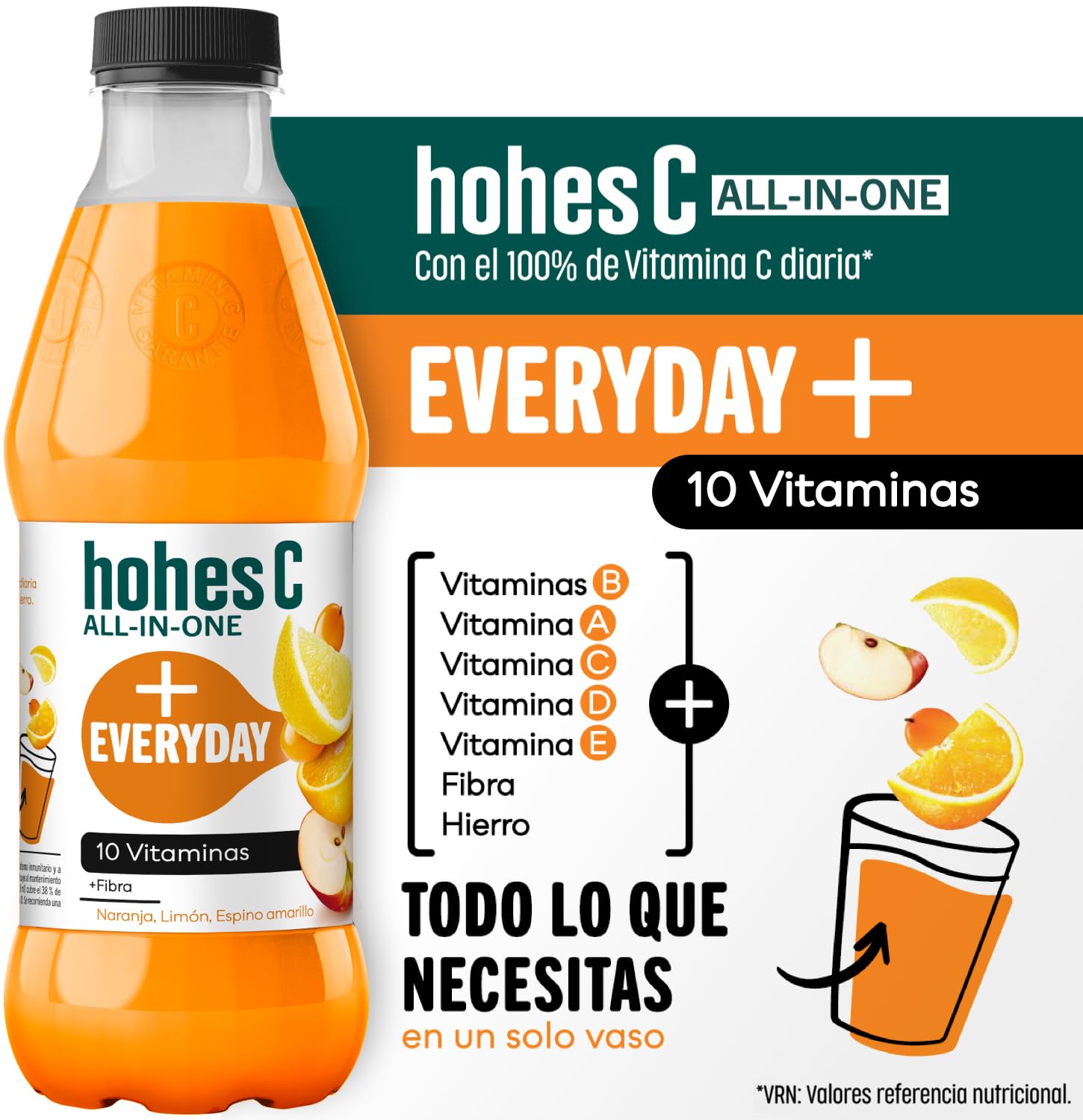 hohes C All in One Everyday Multifrutas de Naranja, Limón, Espino Amarillo con 10 vitaminas, Hierro y Fibra- Pack 6 x 1L