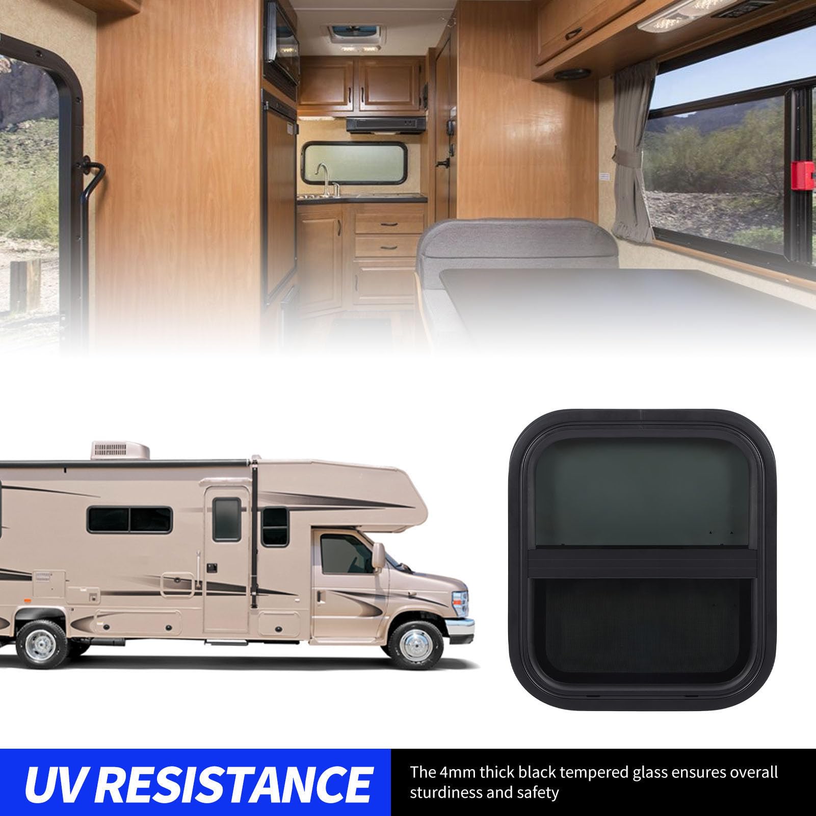 Ventana Para RV 406x356mm Deslizante Con Malla Vidrio Templado Tintado Resistente A Los Rayos Y Sellado Impermeable Para Caravanas Remolques Y Vehículos De Construcción