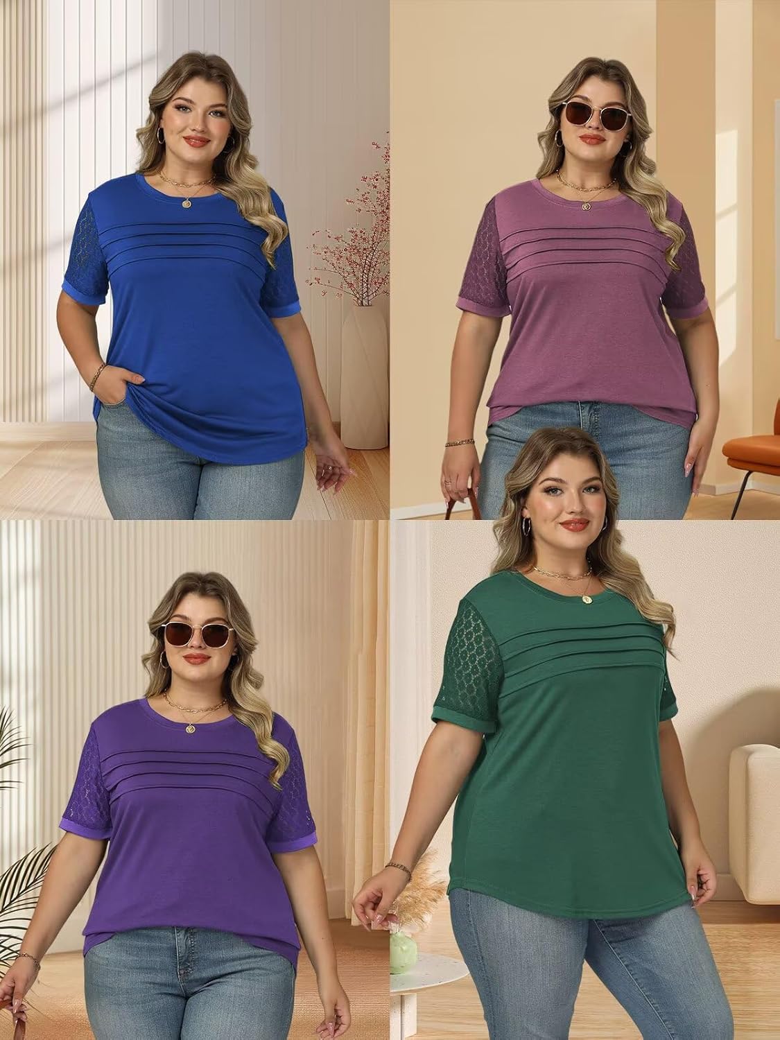 VISLILY Womens-Plus-Size-Summer-Tops Dressy Lace Short Sleeve T Shirts Casual Crewneck Blouses Trendy Pleated Tunics XL-5XL - Image 5