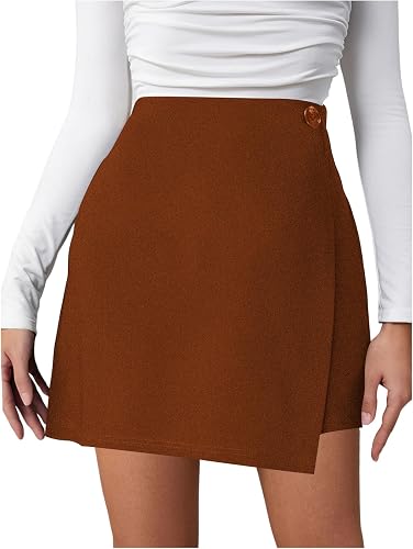 winkbay Women's High Waist Wrap Mini Skirt Button Front Asymmetrical Hem Work Sk