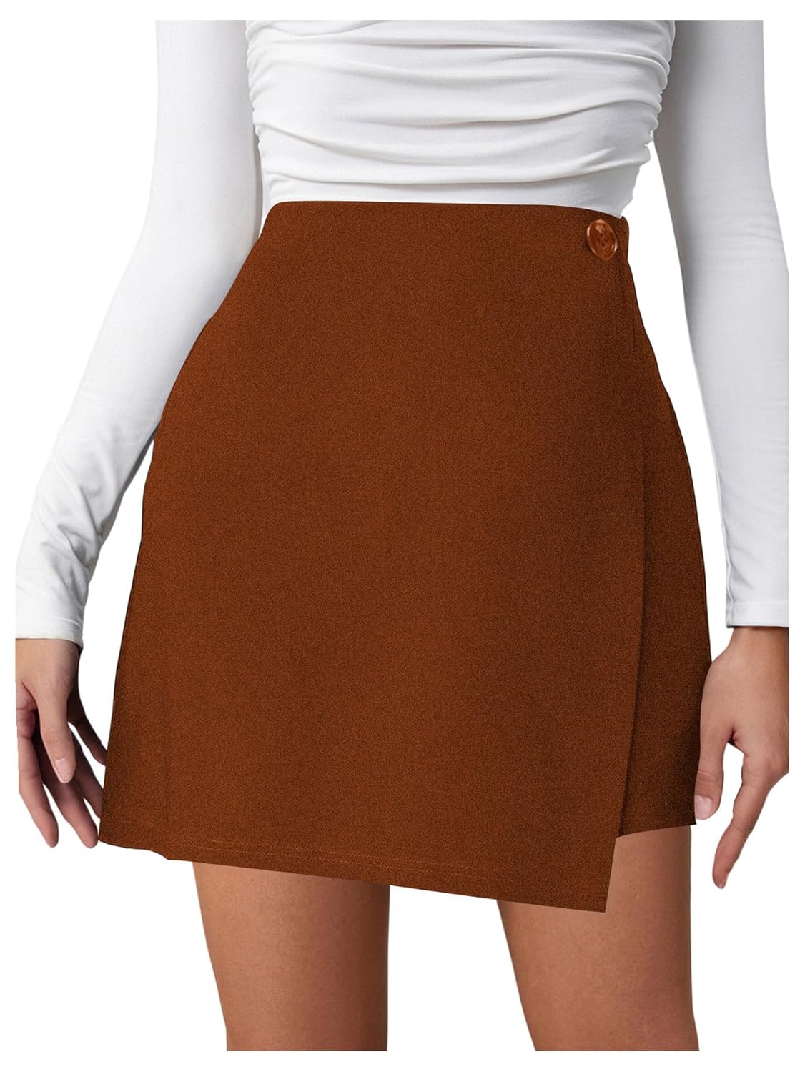 Womens High Waist Wrap Mini Skirt Button Front Asymmetrical Hem Work Skirts