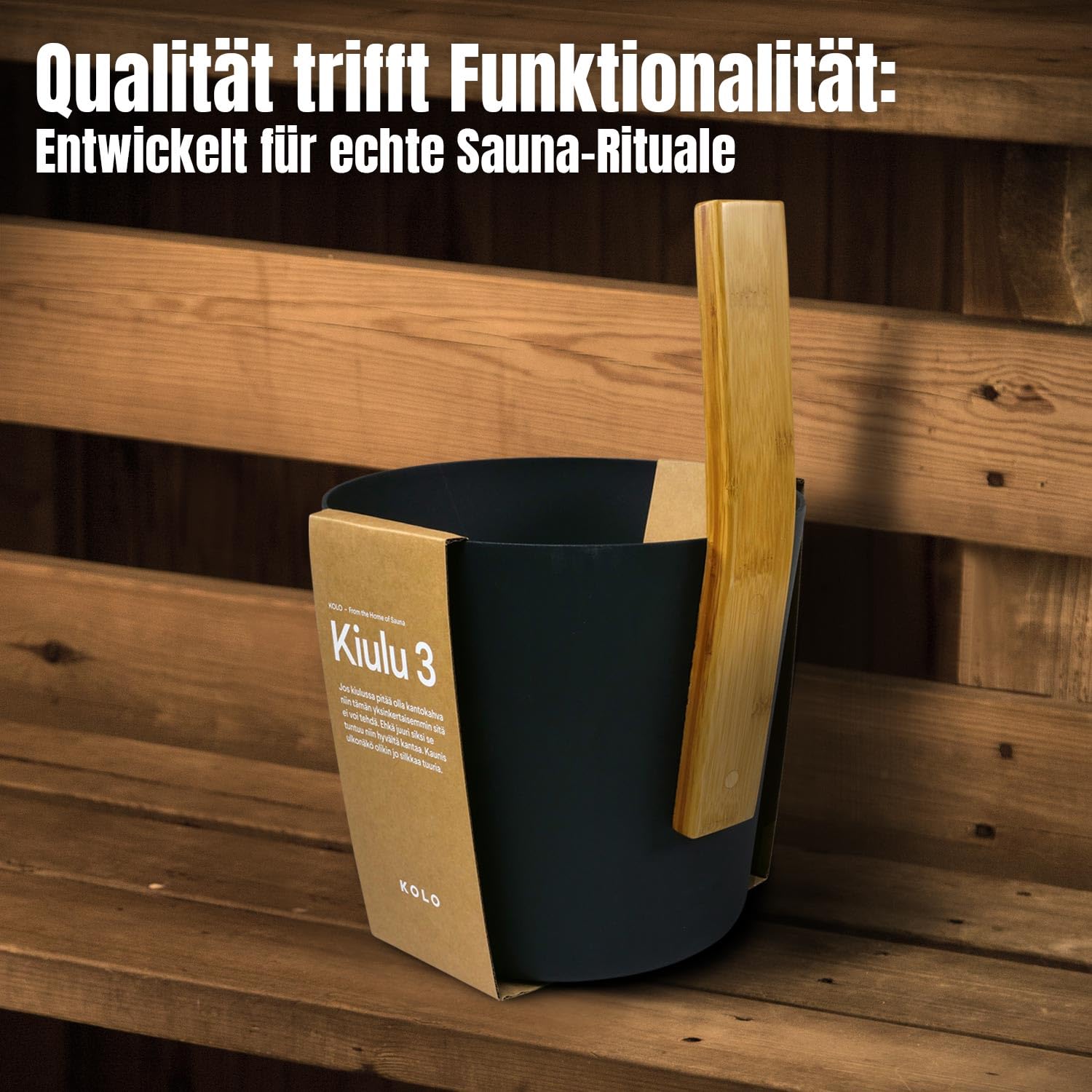 KOLO Sauna Set Kiulu 3 - Kübel 5 l + Aufgusskelle 300 ml - Schwarzes Aluminium - Bambusgriff - 2-teiliges Premium-Set für Aufgüsse und authentische finnische Saunakultur - Made in Finland