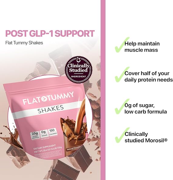 Flat Tummy Shakes - Chocolate, 20 Servings Post GLP-1 Protein Supplement, High Protein, Zero Sugar, Keto-Friendly Meal Replacement with Clinically Studied Morosil