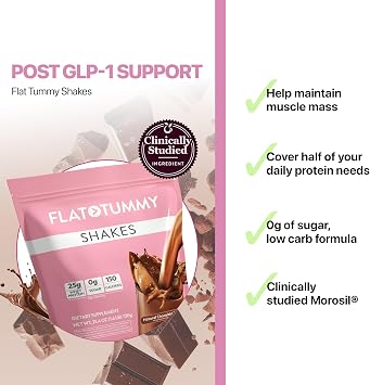 Flat Tummy Shakes - Chocolate, 20 Servings Post GLP-1 Protein Supplement, High Protein, Zero Sugar, Keto-Friendly Meal Replacement with Clinically Studied Morosil