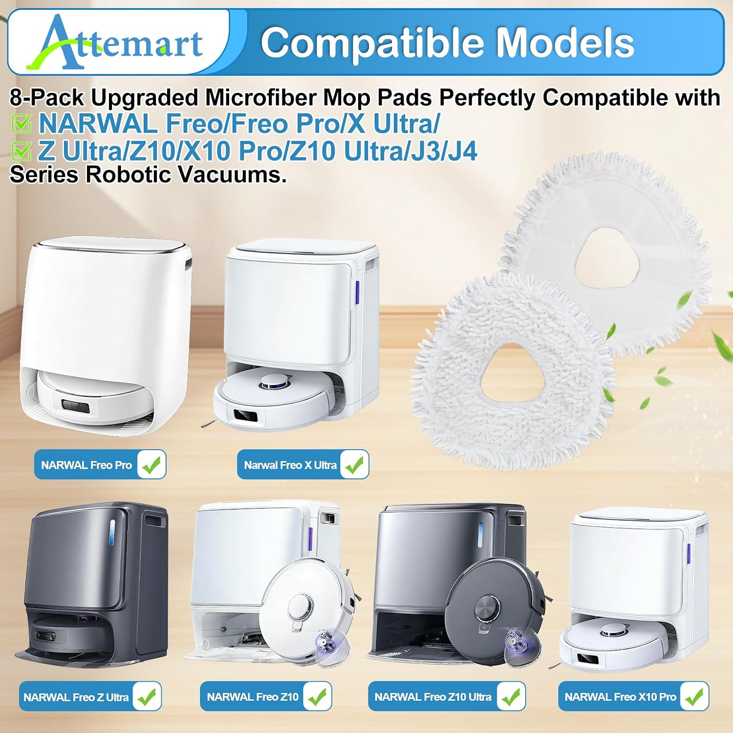 8 Pcs Z10 Mop Pads for Narwal Freo Pro/Z10 Ultra/X10 Pro Vacuum Cleaner