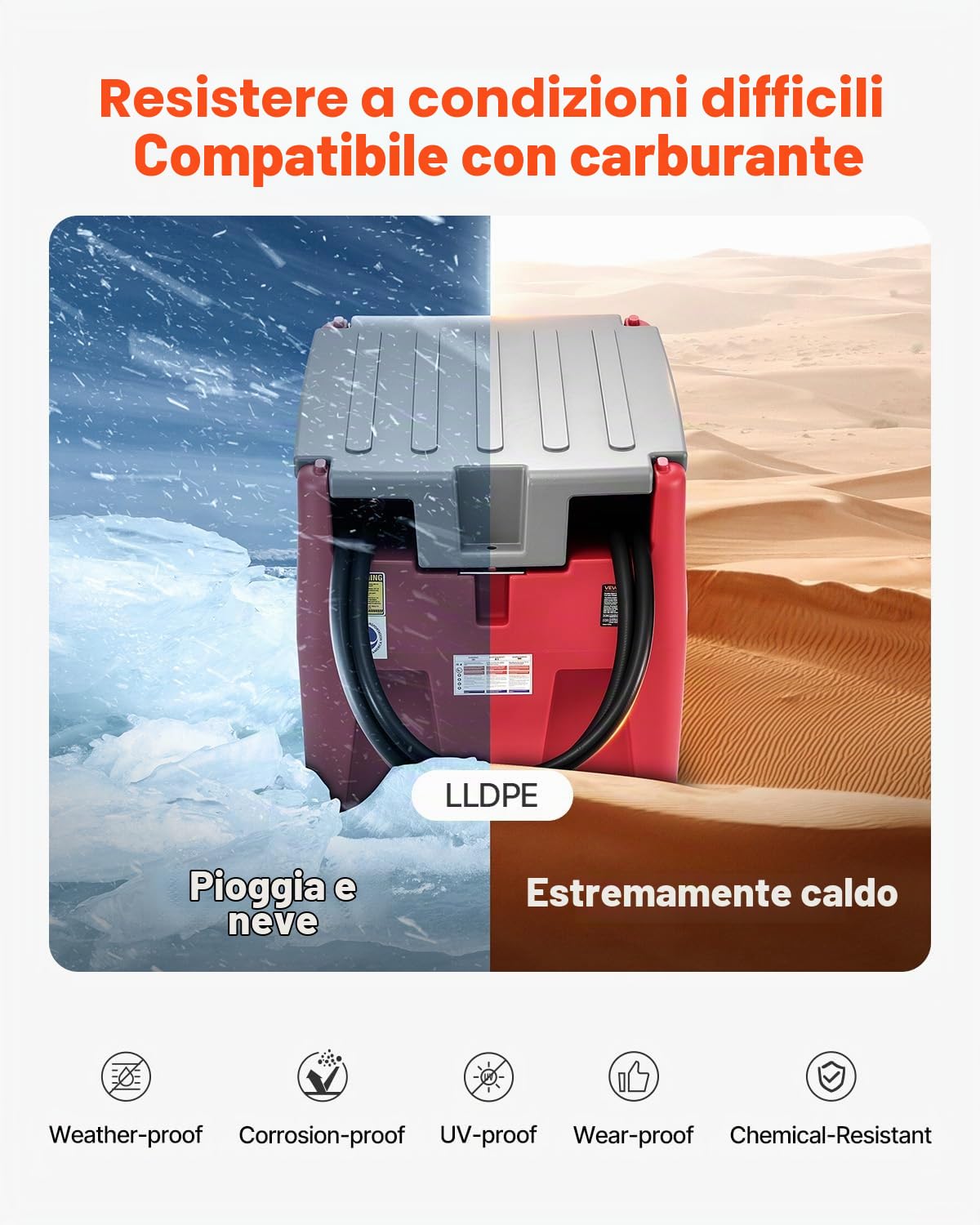 VEVOR Serbatoio Portatile per Diesel Benzina 440 Litri Portata 10 GPM, Serbatoio per Carburante Diesel con Pompa di Trasferimento Elettrica da 12 V, Tubo Flessibile, Trasporto del Carburante, Rosso