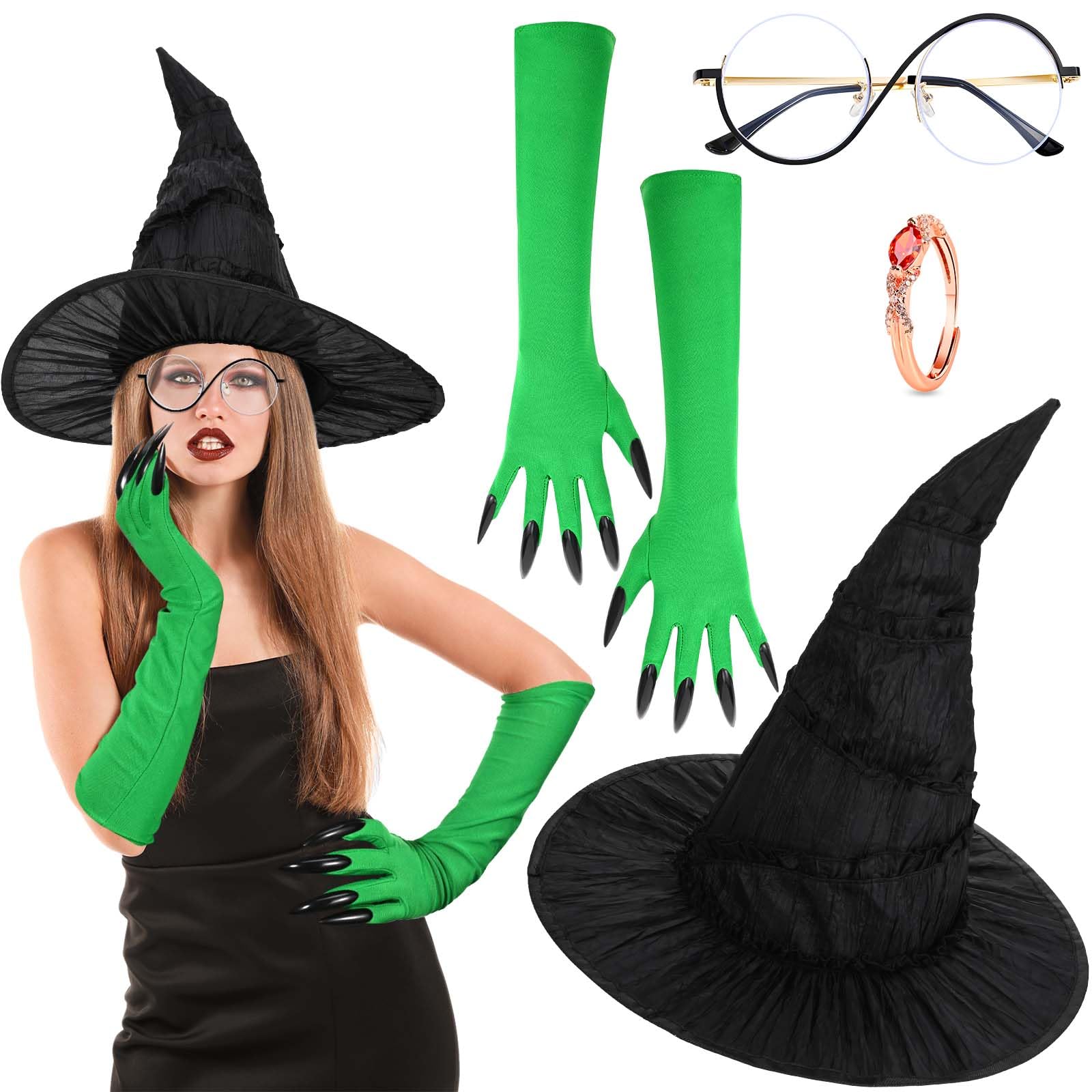 Bofeiya 4 Pcs Witch Costume Include Black Witch Hat Glasses with Gloves for Halloween Movie Cosplay Party