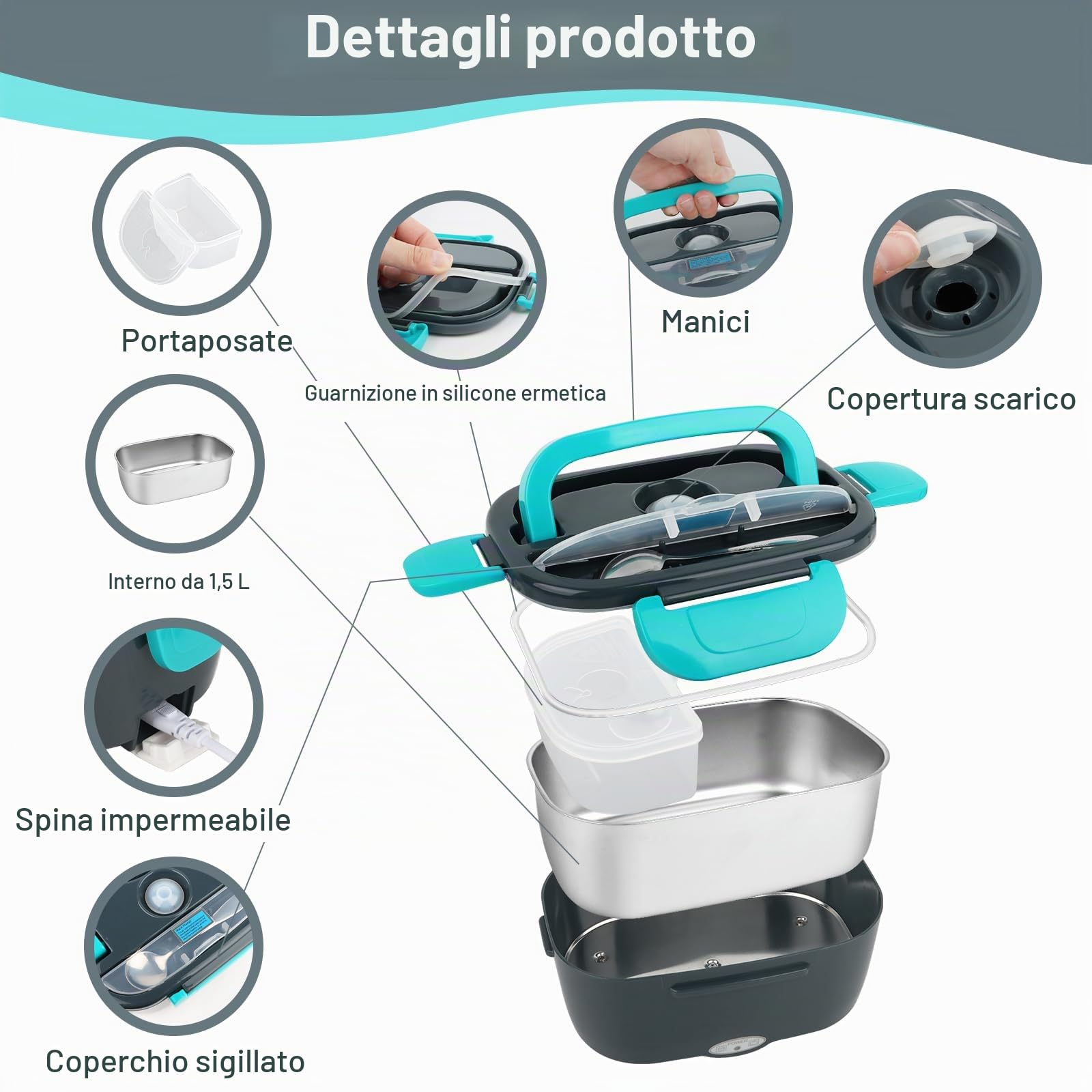 VMUTGA Scaldavivande Elettrico Portatile 60W 1,5L Porta Pranzo Riscaldabile 12V/24V/220V~240V Lunch Box Termico per Auto Camion e Ufficio