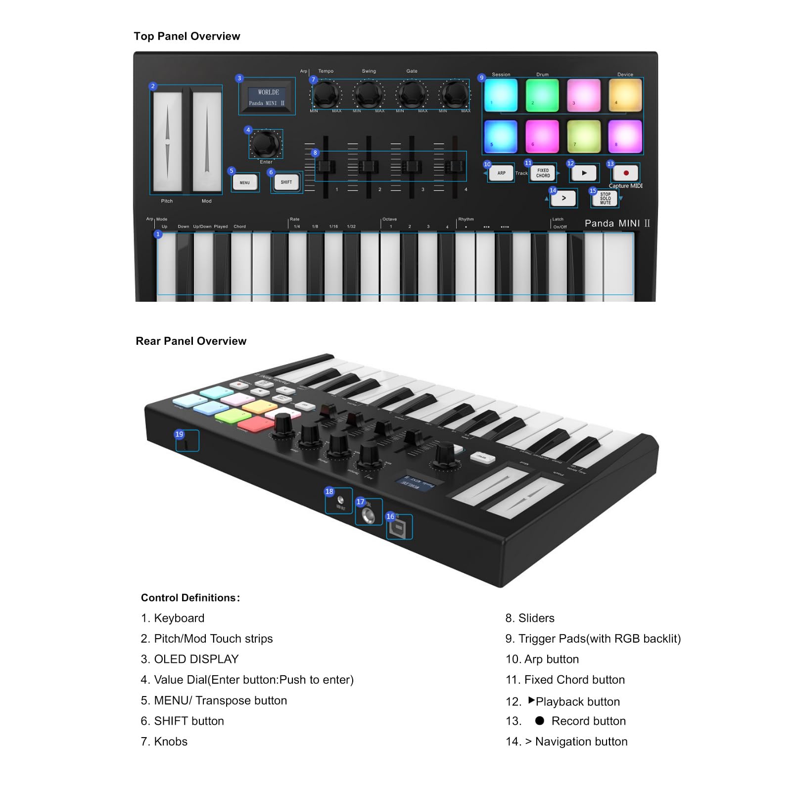 WORLDE Panda MINI II Tastiera Controller MIDI USB Portatile a 25 Tasti con Pad Retroilluminati RGB per Produttori Musicali e DJ Nero + Bianco