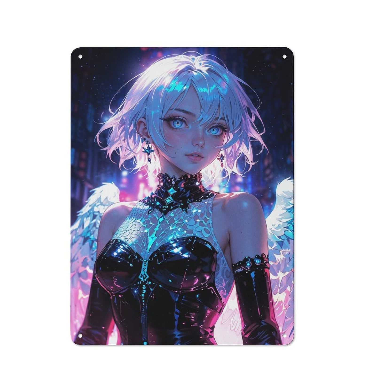 Shed Style Decorative Metal Plaque 40x30cm Featuring Celestial Neon Angel in Futuristic Nightscape, Porch Wall Decor for Patio Bar, Workshop, Shed Or Kitchen