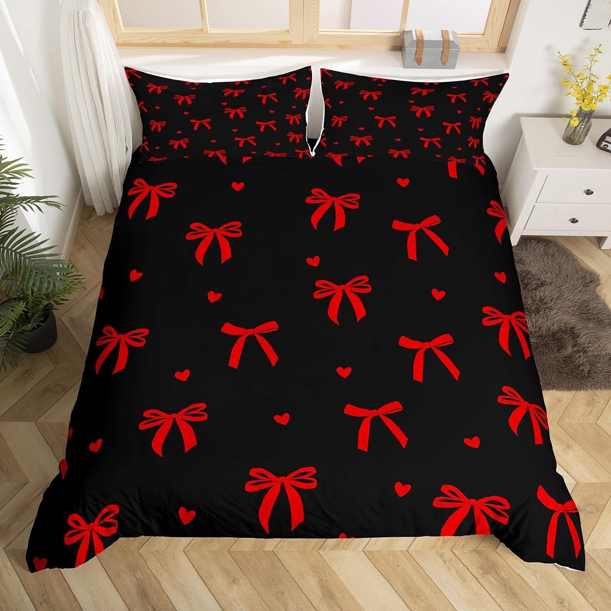 jejeloiu Cute Bowknot Duvet Cover Queen Size Coquette Bows Comforter Cover for Boys Girls Black Red Bedding Set 3Pcs Bowknot Heart Room Decor