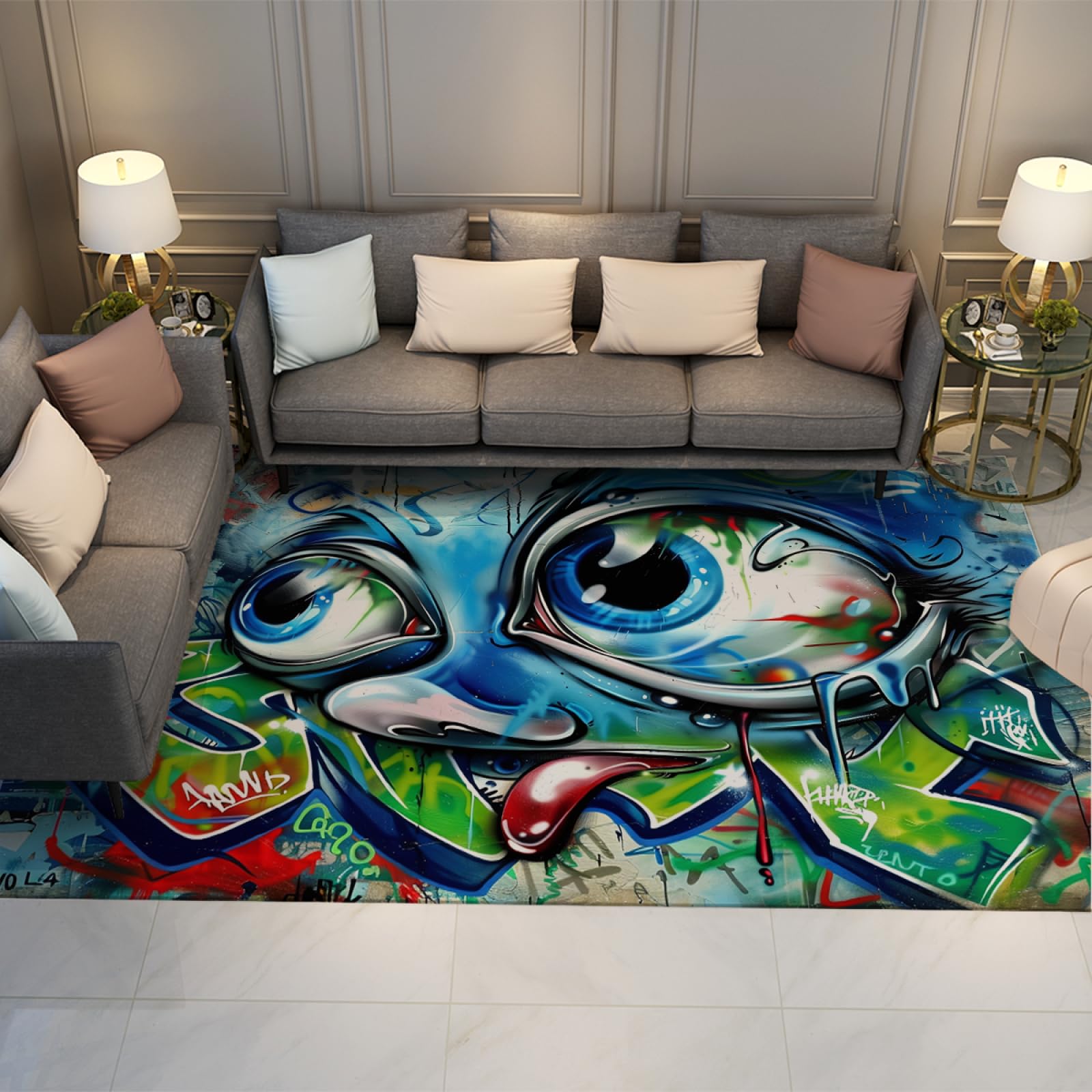 Tapis enfant bleu 80x150cm lavable avec grands yeux dessin animé phosphorescent