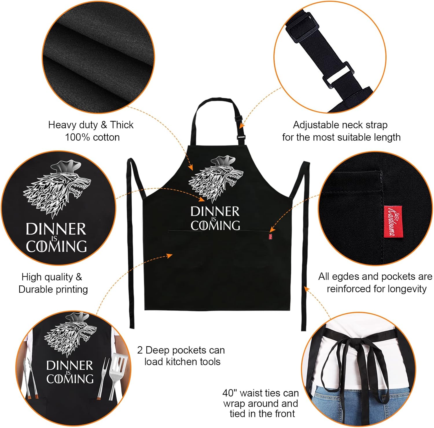 Grill Aprons for Men Women, Dinner is Coming Kitchen Chef Apron with 2 Pockets and 40" Long Ties, Adjustable Bib Apron for Cooking, BBQ, Baking, Gardening, Black - Image 3