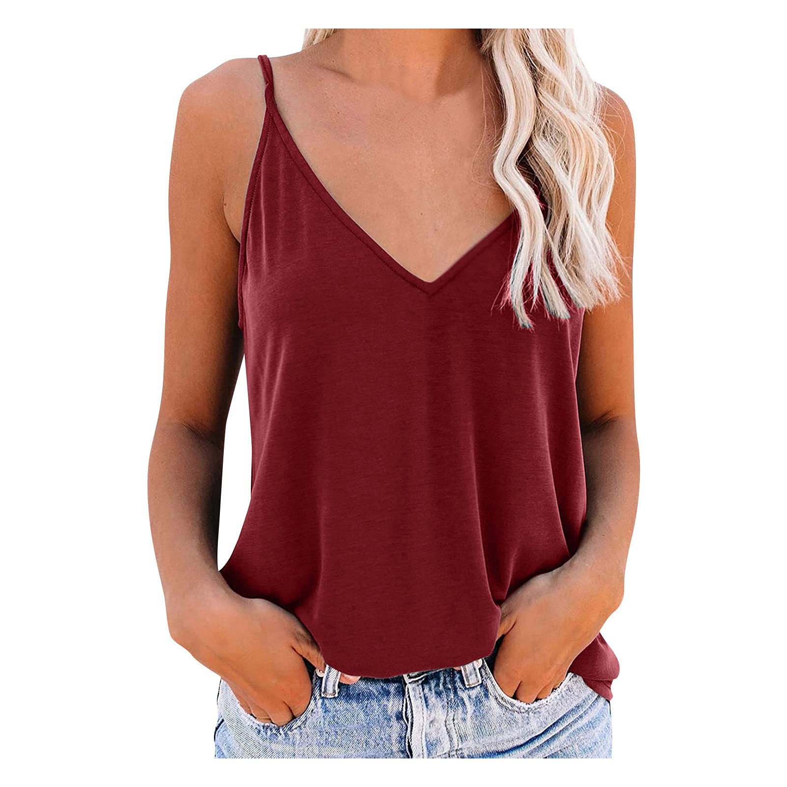 Plus Size Sleeveless Flowy Casual Basic Tunic Tee Shirts V Neck Spaghetti Strap Workout Athletic Yoga Shirts