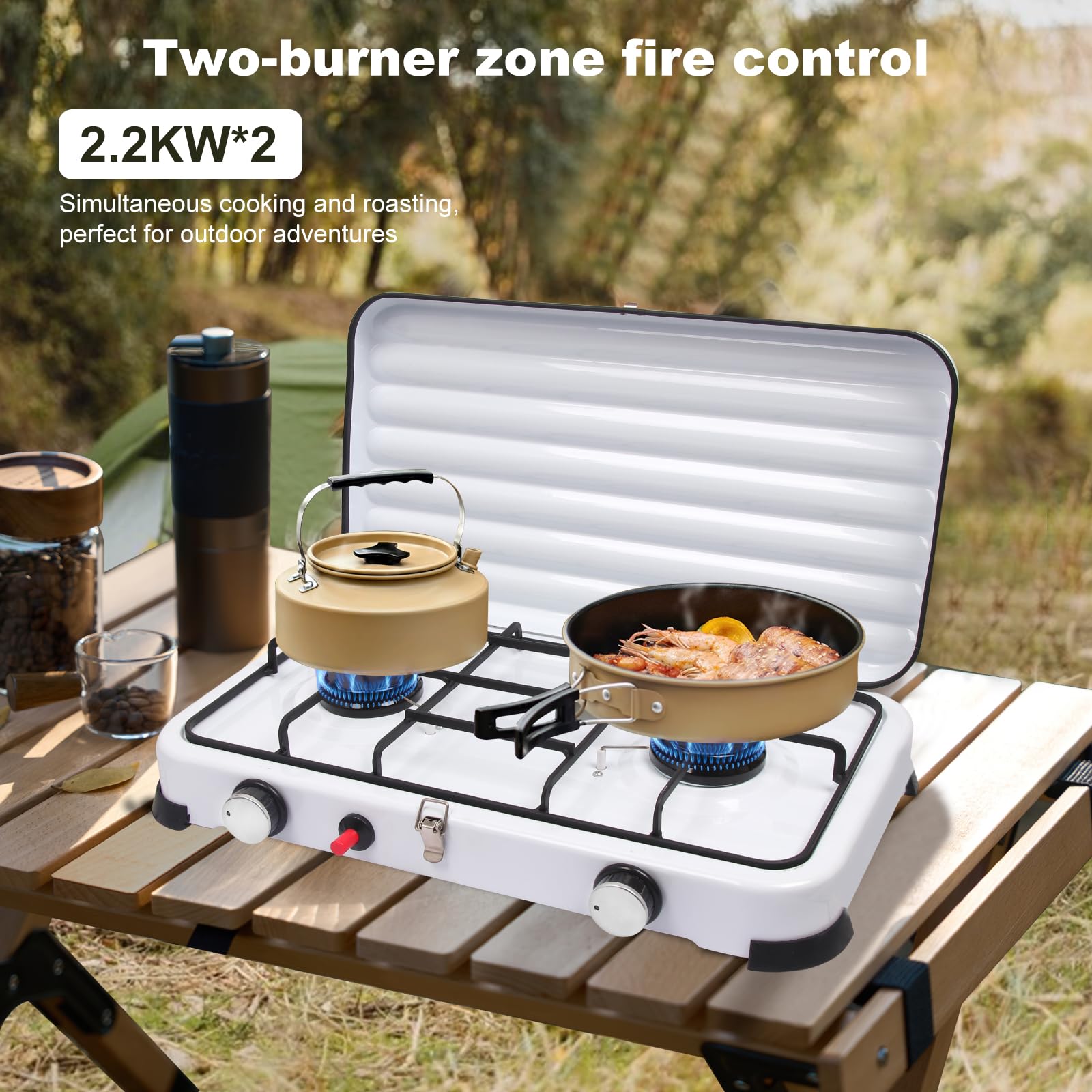 Réchaude De Camping 2 Feux – 4,4 KW, Allumage Auto, Régulateur 37 Mbar, Tuyau 150 Cm – Inclut Sac De Transport
