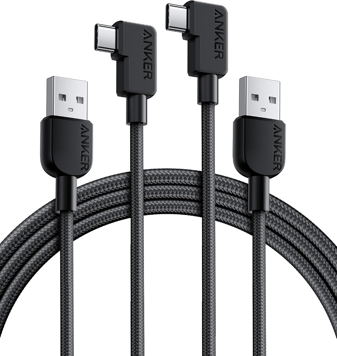Right-Angle USB A to USB C Cable (2-Pack, 6 ft, Black) | Braided Durable 90-Degree Type C Cord, for Samsung Galaxy Note10, LG V30, and More