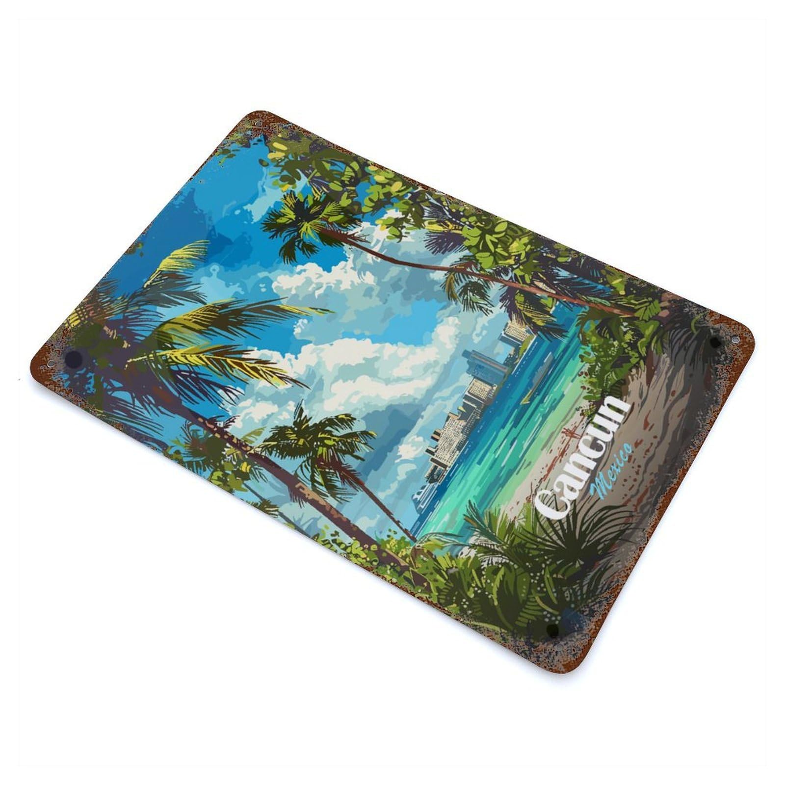 Cancun Mexico Tropical Beach Illustration Rust Effect Tin Sign 11.8"x7.9", Decorative Metal Wall Art for Patio, Garden Room And Bar Decor