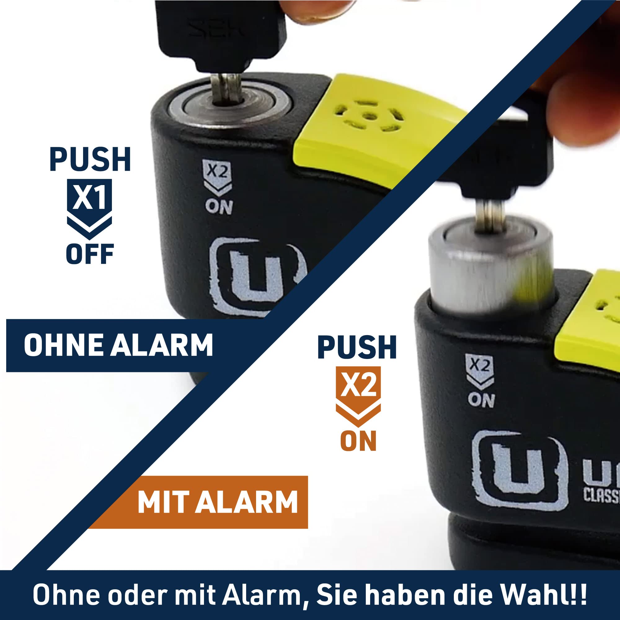URBAN 999 Hi-Tech Bremsscheibenschloss mit Alarm 120dB ON/OFF Empfindlichkeit A+, Maximale Sicherheit mit SRA Zulassung, Doppelverriegelung ø14mm, Optionale Halterung, Motorradschloss mit Alarm