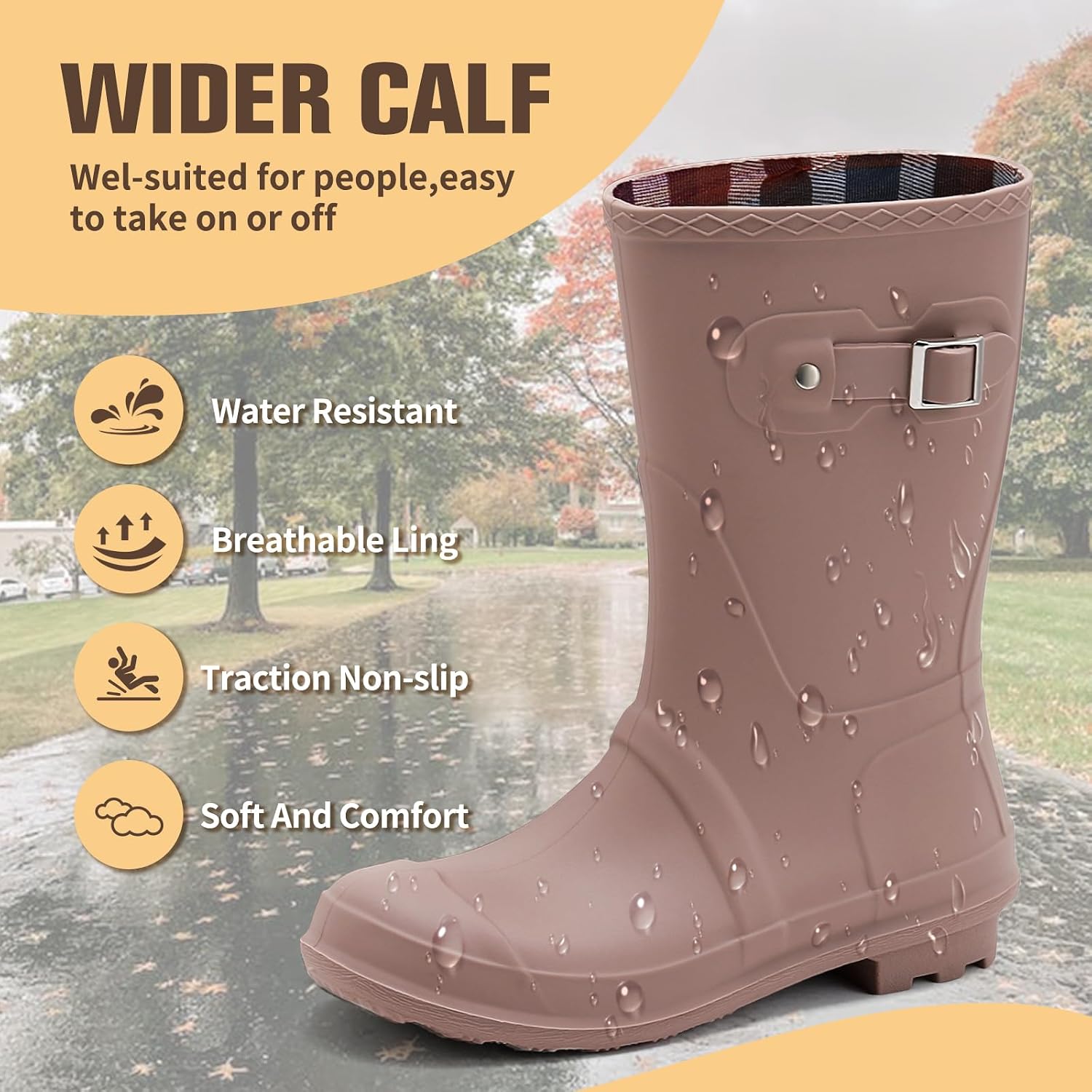 Women's Mid Calf Rain Boots Anti-Slip Waterproof Wide Calf Rubber Boots Work Water Shoes for Outdoor Gardening Fishing