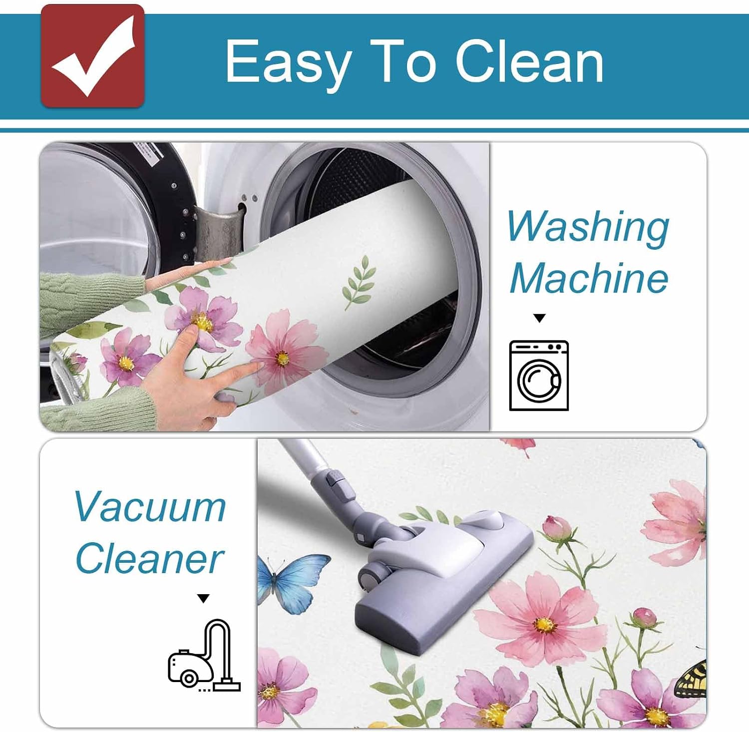 Summer Flower Kitchen Mat Set 2 Pieces Rustic Pink Floral Color Butterfly Farmhouse Country Non Slip Kitchen Rugs Washable Runner Rug Mats for Floor Sink Laundry Office 19.7" x 31.5"+19.7" x 63"