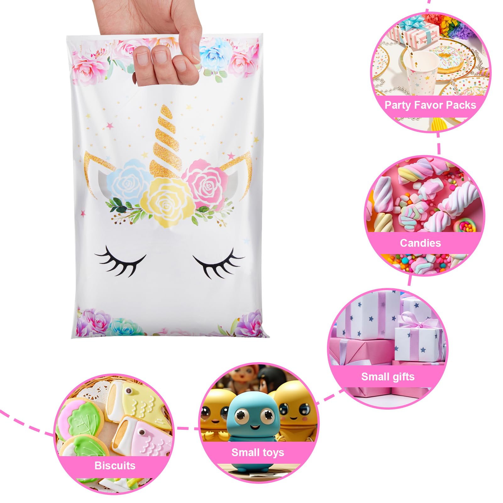 PintreeLand 30PCS Unicorn Party Favor Bags, Plastic Small Goodie Gift Candy Bags with Handle for Birthday Pink Theme Party