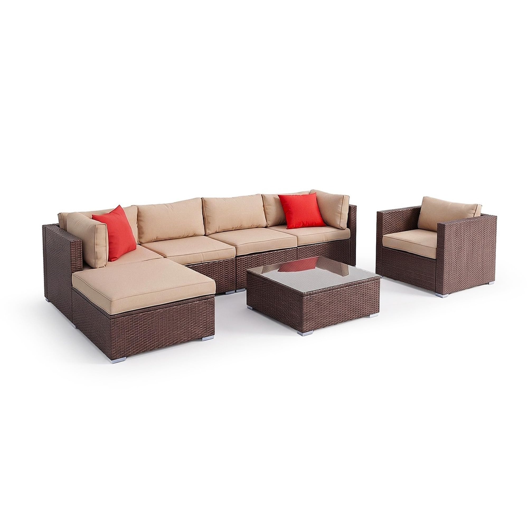 Conjunto de Muebles de Jardín Karl 7 Piezas, Sofá de Exterior Seccional de Ratán Sintético PE, Estructura de Hierro, Cojines de 8 cm y Mesa con Cristal Templado, Marrón
