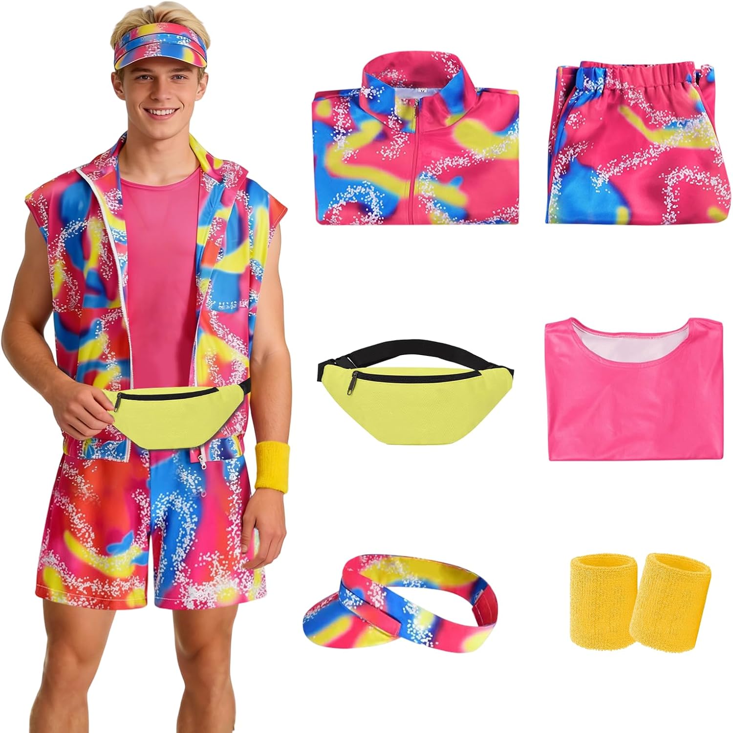 80s Costume for Men 80s 90s Training Costume with Bath Button Accessories Set for Men with Fanny Pack Sun Shade Hat Wristbands for Carnival Cosplay
