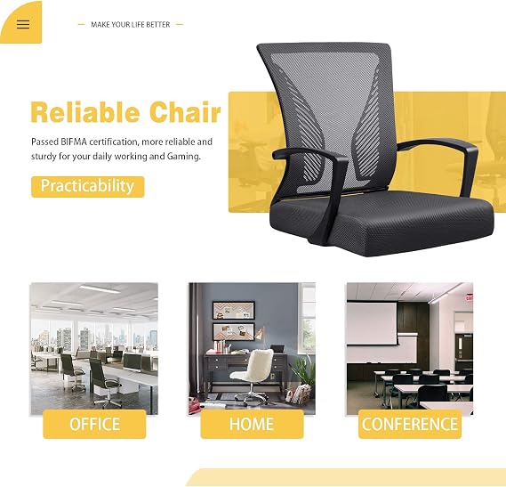 Furniwell Office Chair Home Office Desk Chair Mid Back Mesh Desk Chair Ergonomic Lumbar Support Computer Chair Swivel Rolling Task Chair with Armrest (Black)