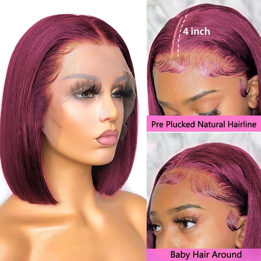 99j Burgundy Bob Wig Human HaIr Wigs 13x4 Lace Front Wigs for Black Women Straight Burgundy Human Hair Pre Plucked 180% Density Transpaent Lace Frontal Wig 99j Short Bob 10 inch