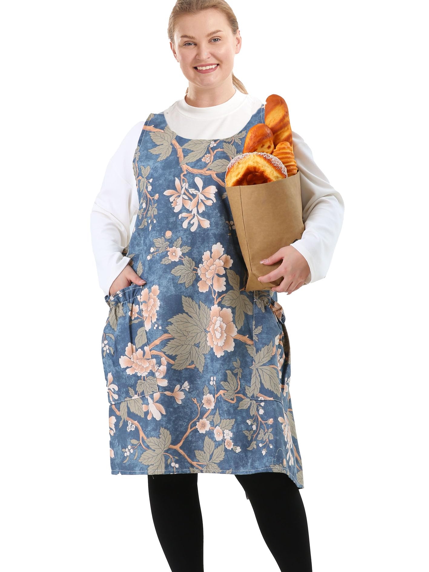 APRONNER Big Plus Size Aprons for Women with Pockets Cotton Linen Baking Kitchen Cooking, Camellia, More Size
