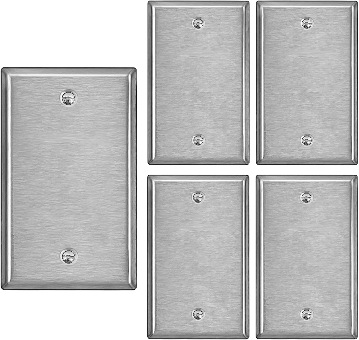BESTTEN 5 Pack 1-Gang Blank Metal Wall Plate with Ｗhite or Clear Plastic Film, No Device Stainless Steel Wallplate, Durable Corrosion-Resistant Industrial Grade, H4.53” x W2.76”, Brushed Finish
