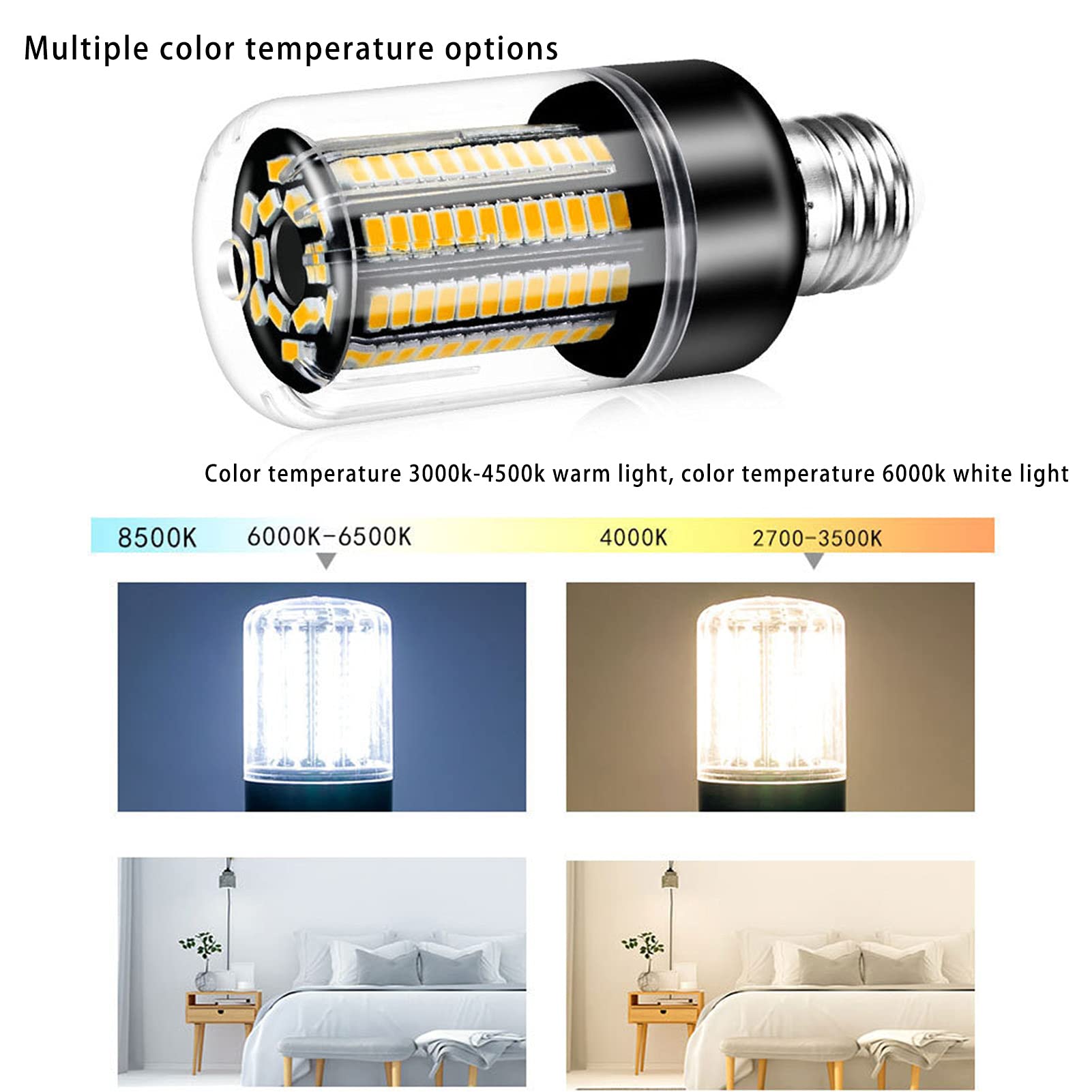 Lot 4 ampoules LED en forme maïs, non dimmables, 350 lumens, 3,5 W, éclairage domestique, bouche à vis, blanc chaud 3 000 K/blanc froid 6 500 K