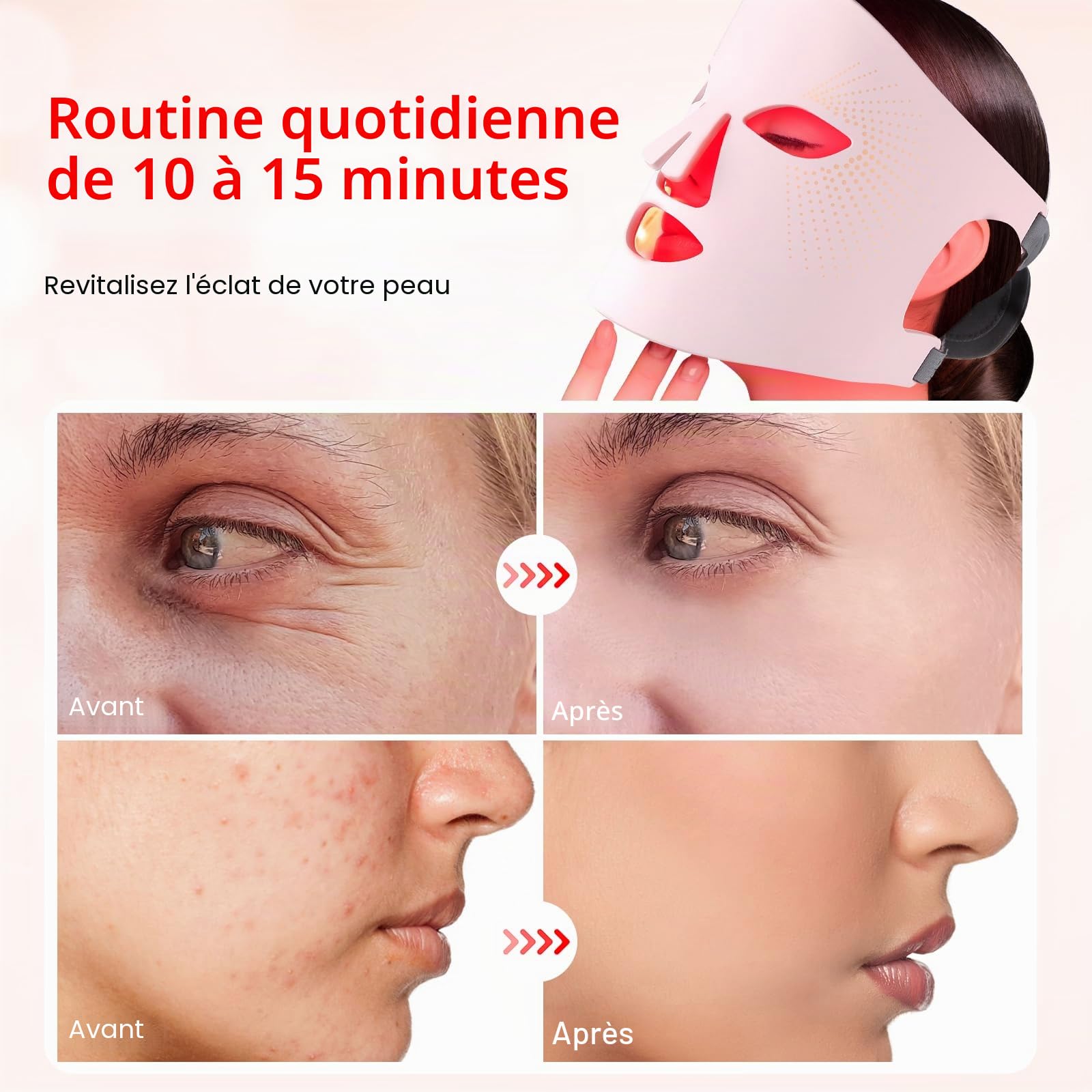 Masque Led Visage Luminothérapie, 3 Couleurs Masque Led Masque Visage, Masque Facial LED Convient à Tous Les Types De Peau Aux Soins Du Visage Rose