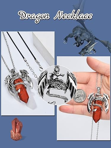 Miniatura 3 de Abitoncc Collar de dragón hexagonal curativo envuelto en cristal de plata con colgante de dragón espiritual retro con punta de piedra preciosa