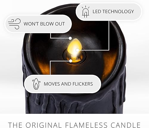 Miniatura 2 de Luminara Vela LED sin llama de cera negra, funciona con pilas, pilar de luces de llama móvil, sin perfume, con borde goteado, temporizador (3 x 6.5