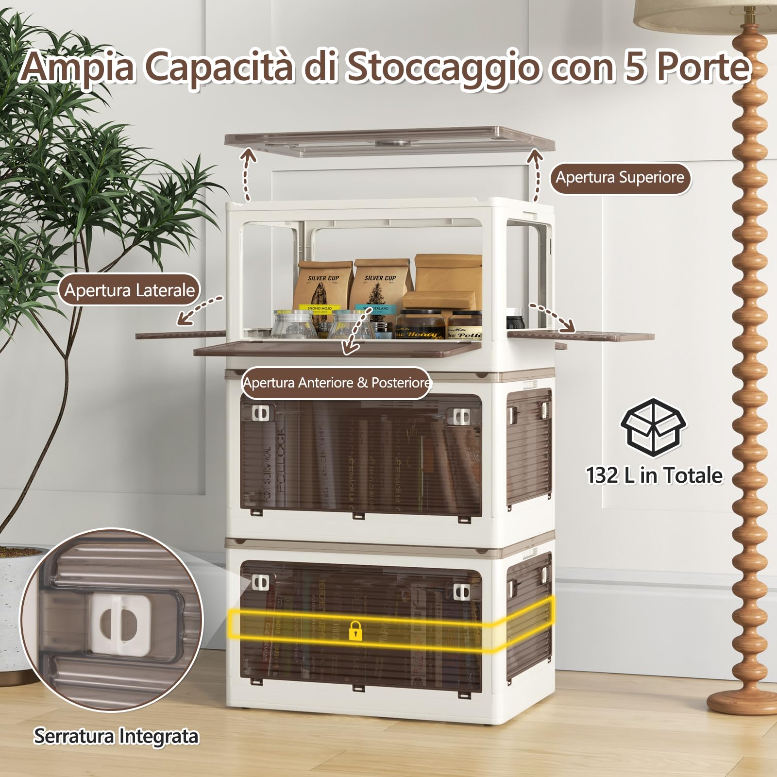 RELAX4LIFE Contenitori con Coperchio, 132/90 L Contenitori in Plastica Ripiegabili, 3 Pezzi Organizzatori e Contenitori per Armadio con Ruote e Apertura a 5 Vie (51,5 x 36,5 x 88 cm, 132 L)
