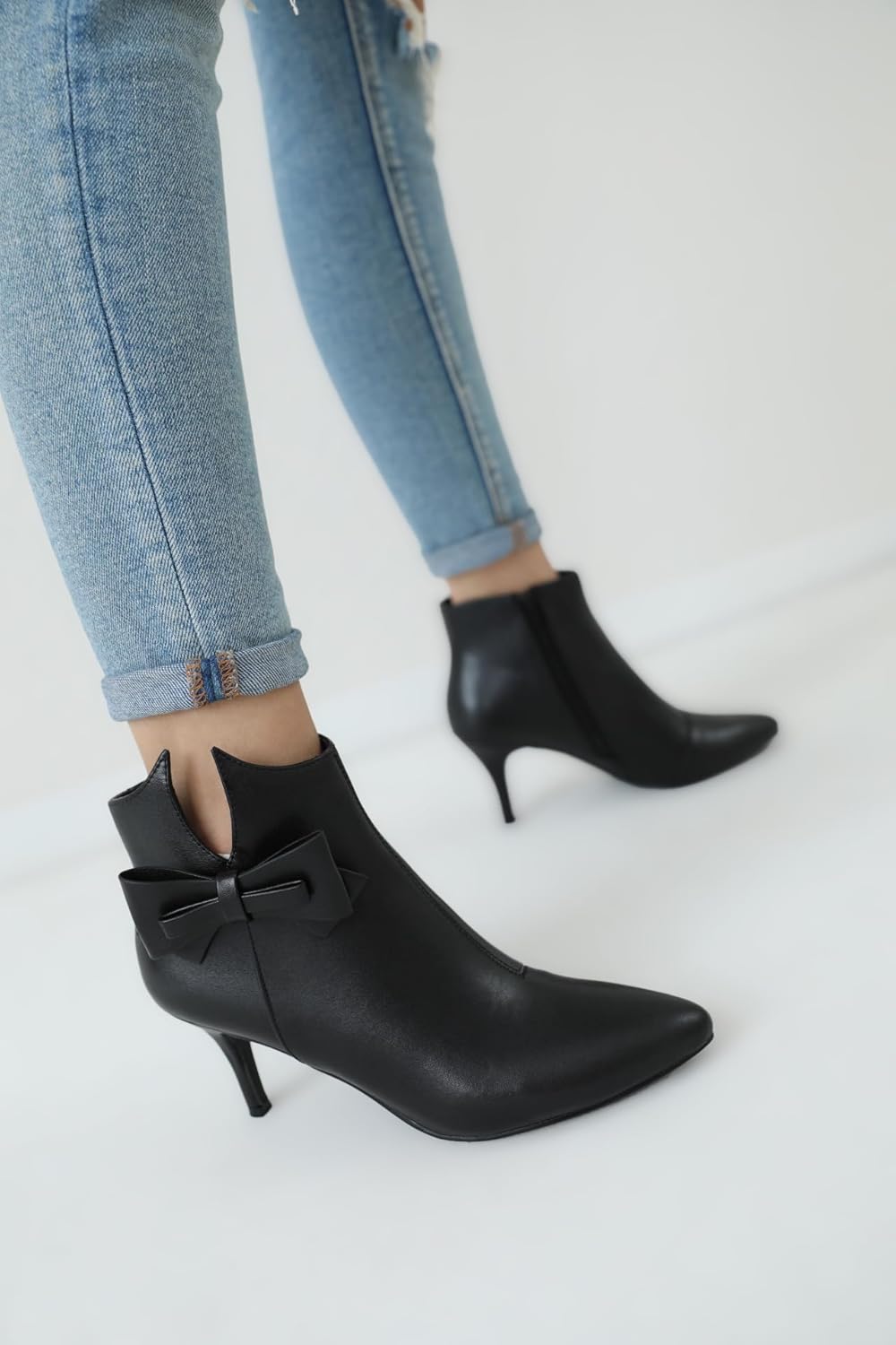 Ermonn Womens Pointed Toe Ankle Boots Stiletto Heels Side Zipper Bow Faux Suede Booties Wedding Dress Shoes - Image 2