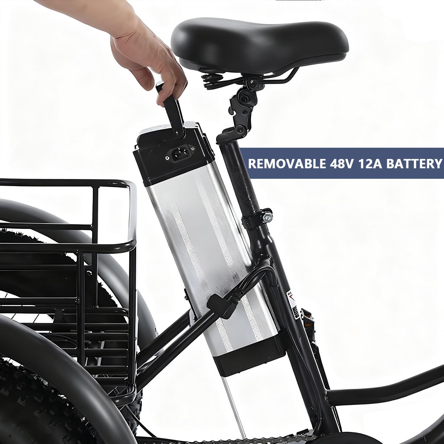 Triciclo Elettrico Adulti 20"x4.0" Fat Tire – 48V 12Ah Batteria Rimovibile, 350W Motore, Triciclo Elettrico da Carico Non Pieghevole con Sospensioni, Cestino, Autonomia Fino a 40km