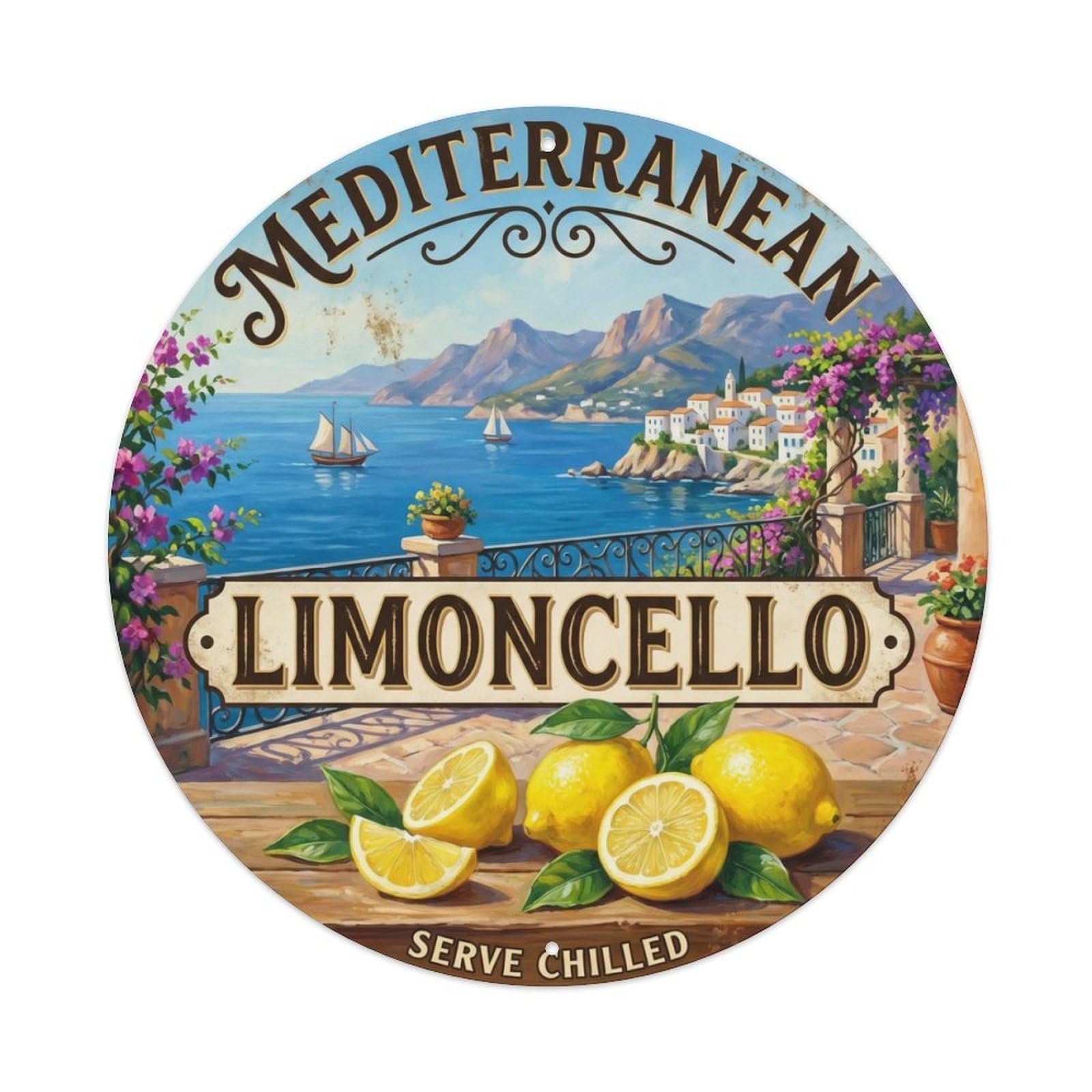 Fqcyn Style Coastal Limoncello Liqueur 1 Metal Tin Sign Plaque Wall Decor For Cafe, Club Bar, Office, Home Garden Round Metal Poster 8X8inch
