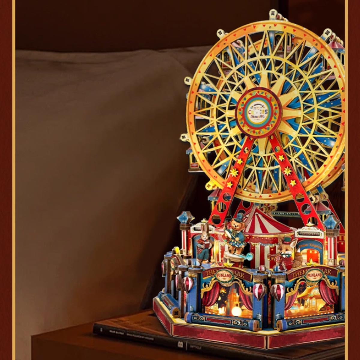 Drewniane puzzle 3D, obracający się wiek, diabelski młyn, drewniany zestaw modeli ze światłami, zestaw do samodzielnego wykonania, kolekcjonerska dekoracja biurka i kreatywny prezent dla entuzjastów