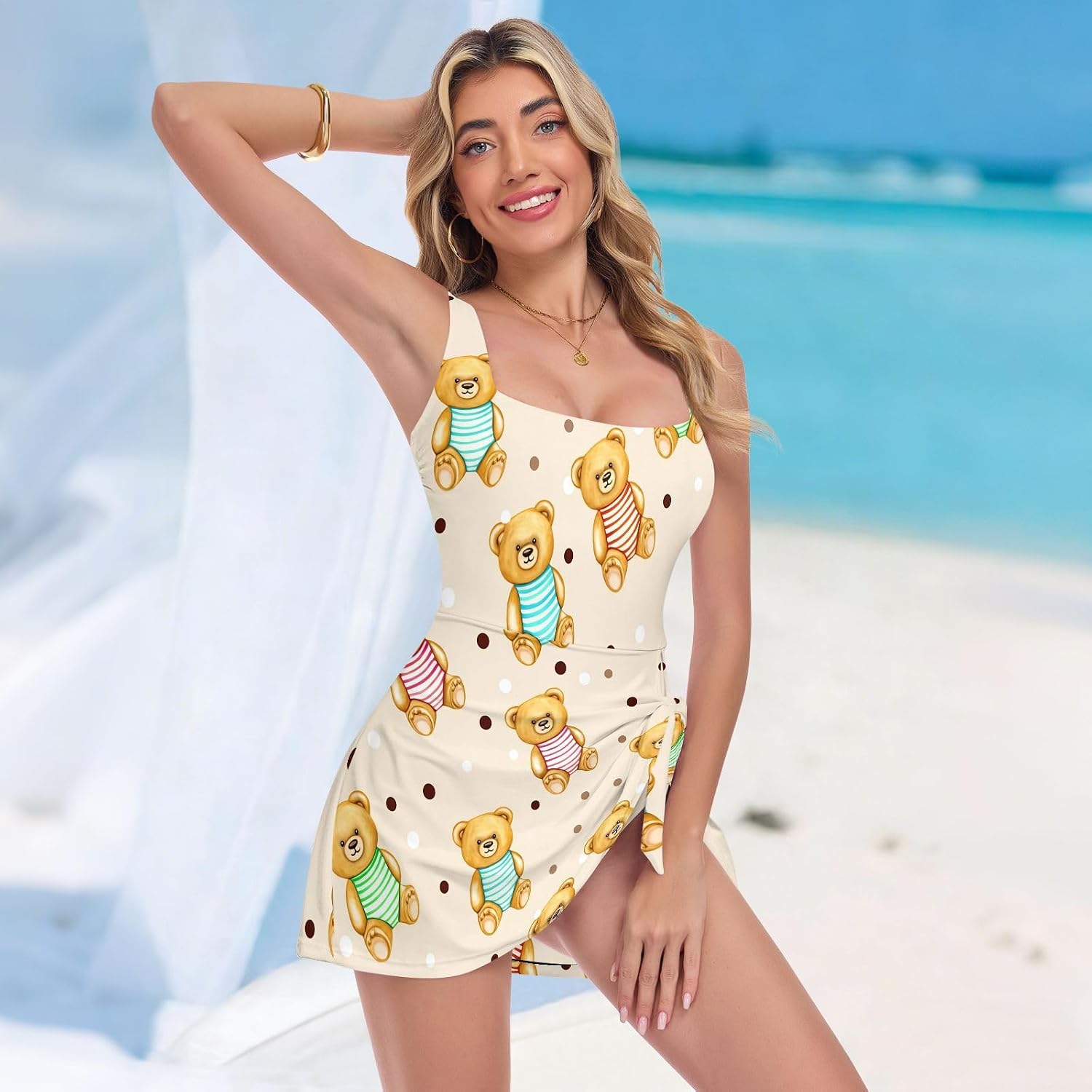 Cute Bear Yellow Women's One Piece Swimsuits Tummy Control Bathing Suits S A2302202