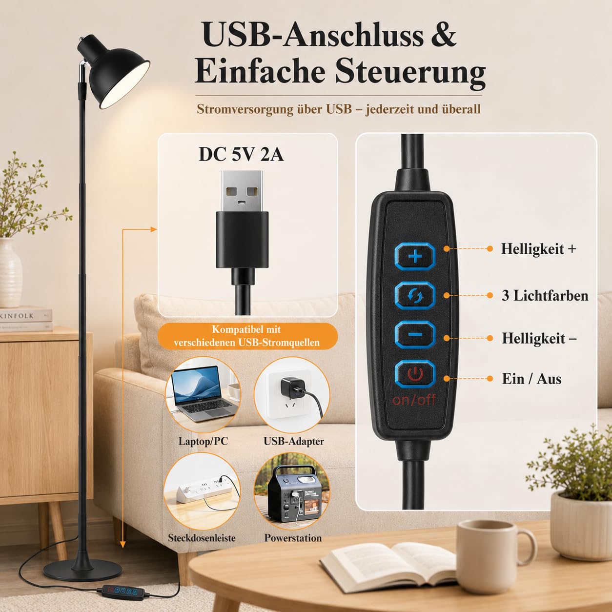 Rosnek LED Stehlampe Höhenverstellbar, Leselampe Dimmbar mit 3 Lichtfarben, 150° Schwenkbar Lampenkopf, 2-in-1 Stehleuchte & Tischleuchte für Wohnzimmer, Homeoffice, Esszimmer, Metall Schwarz