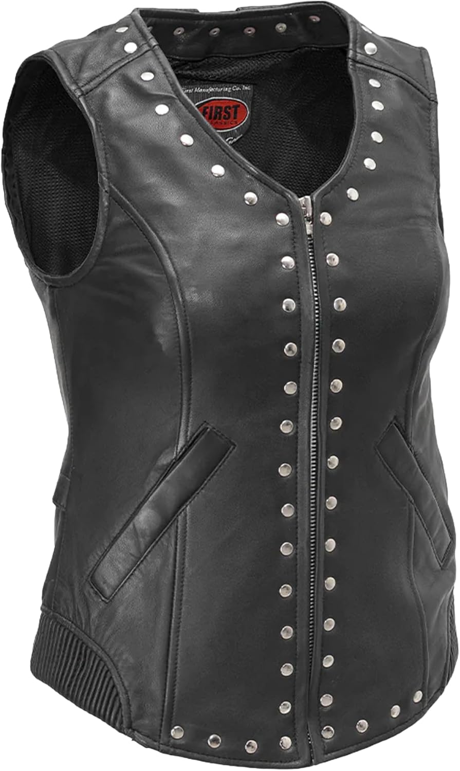 First Mfg Co – Empress – Women’s Motorcycle Biker Riding Black Leather Vest First Mfg Co – Empress – Women’s Motorcycle Biker Riding Black Leather Vest