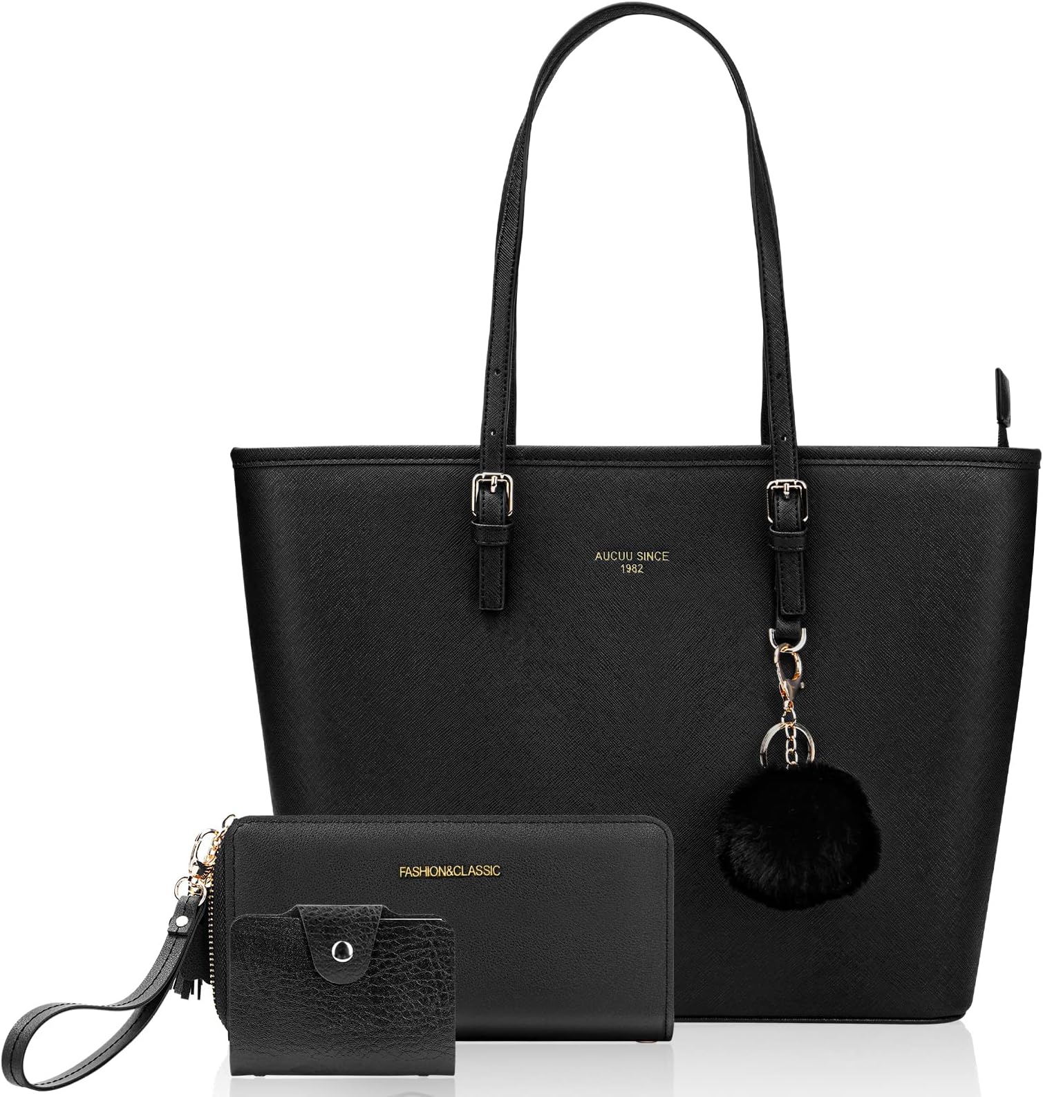 URAQT Women Handbags, 15.6 Inch Large PU Leather Handbags, Women's Top-Handle Black Large Tote Bag Handbag, Shoulder Crossbody Bags with Women's Wallet and Card Holder for School Work Travel
