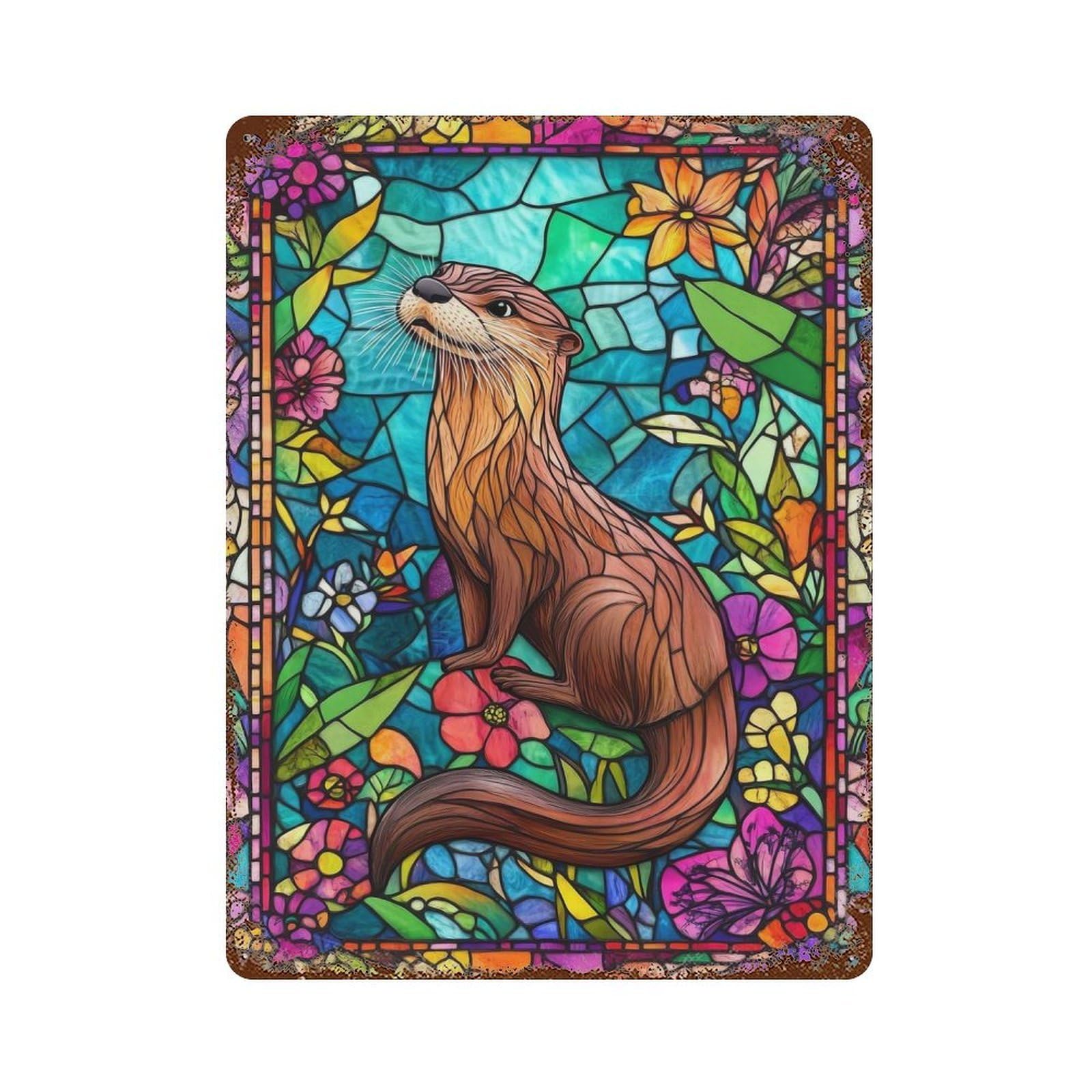 Vintage Rust Metal Sign Stained Glass Otter 15.7"x11.8", Shabby Chic Decor for Cafe, Home Bar And Lounge Decor