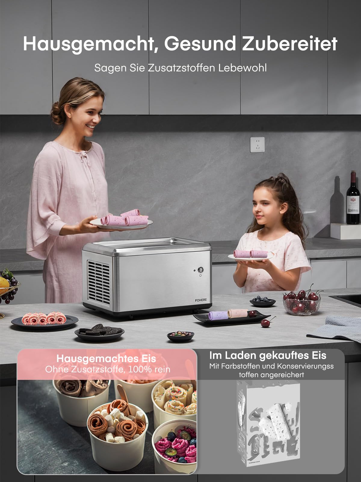 Selbstkühlende Roll-Eismaschine für Zuhause mit Kompressor, Soft Eis in nur 3 Mins, One-Touch Bedienung, Vielfältige Sortenwechsel, Gesunde Selbstgemachte Ice Cream Rolls, Rezept, 2 Spachteln, FOHERE