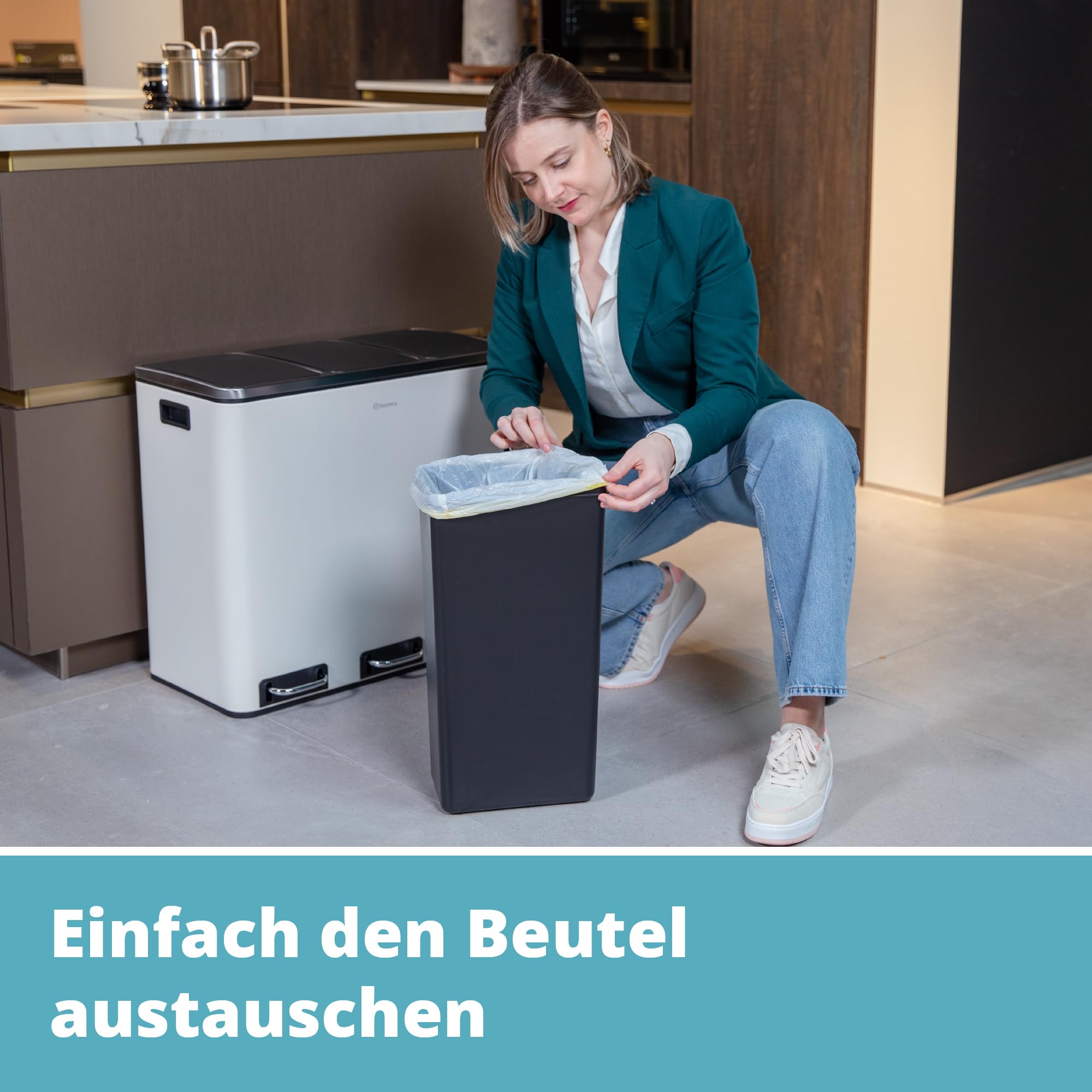 Homra Mülleimer Küche 3 Fächer Sparq 54l | Mülltrennsystem 3Fach | Edelstahl Treteimer 3x18 Liter | Trennsystem 3 Inneneimern | Abfall & Recycling | Abfalleimer Tretmülleimer Softclose | Cremeweiß
