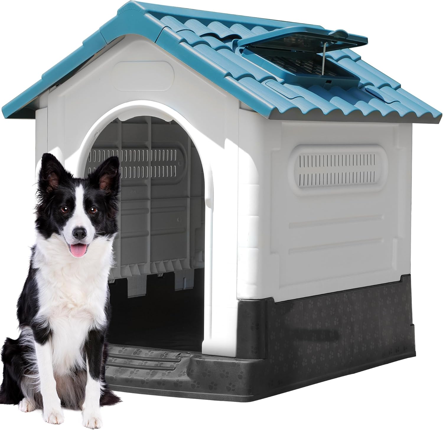 DWVO 41.3'' Plastic Foldable Dog House for Small, Medium, and Large Dogs, Waterproof Folding Pet House with Adjustable Top Window and Elevated Base (41.3''L x 34.6''W x 39''H)