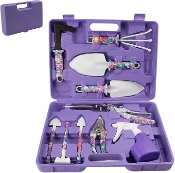10 Pieces Garden Tools Set with Floral Print - Heavy Duty Gardening Kit with Ergonomic Handles, Hand Trowels, Rake, Pruner, Sprayer & Storage Case - Ideal Gardening Gifts for Women, Mom & Seniors