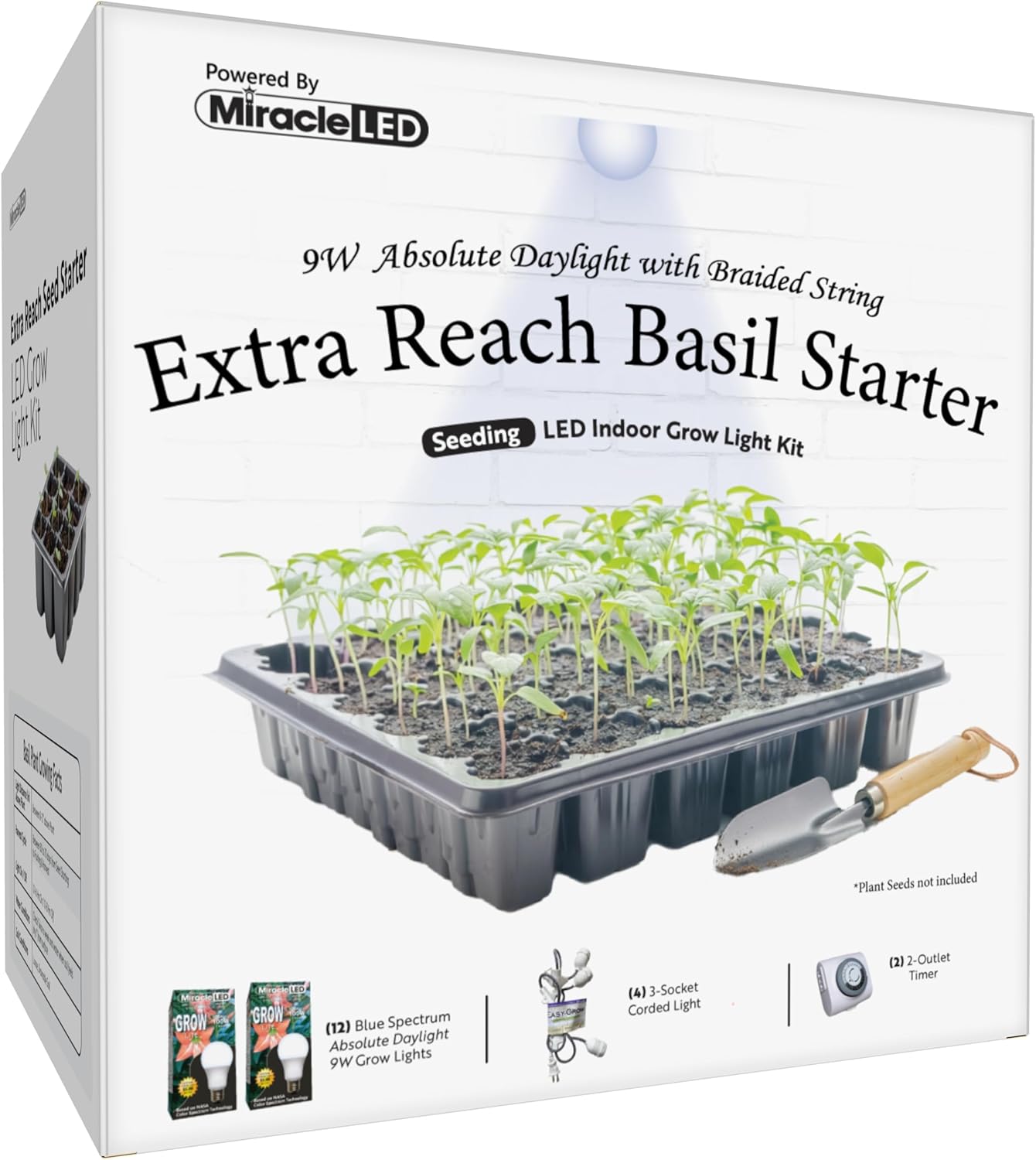 Miracle LED Absolute Daylight Blue Spectrum, Extra Reach Basil Seed Starter Grow Light Kit (Braided 3-Socket)